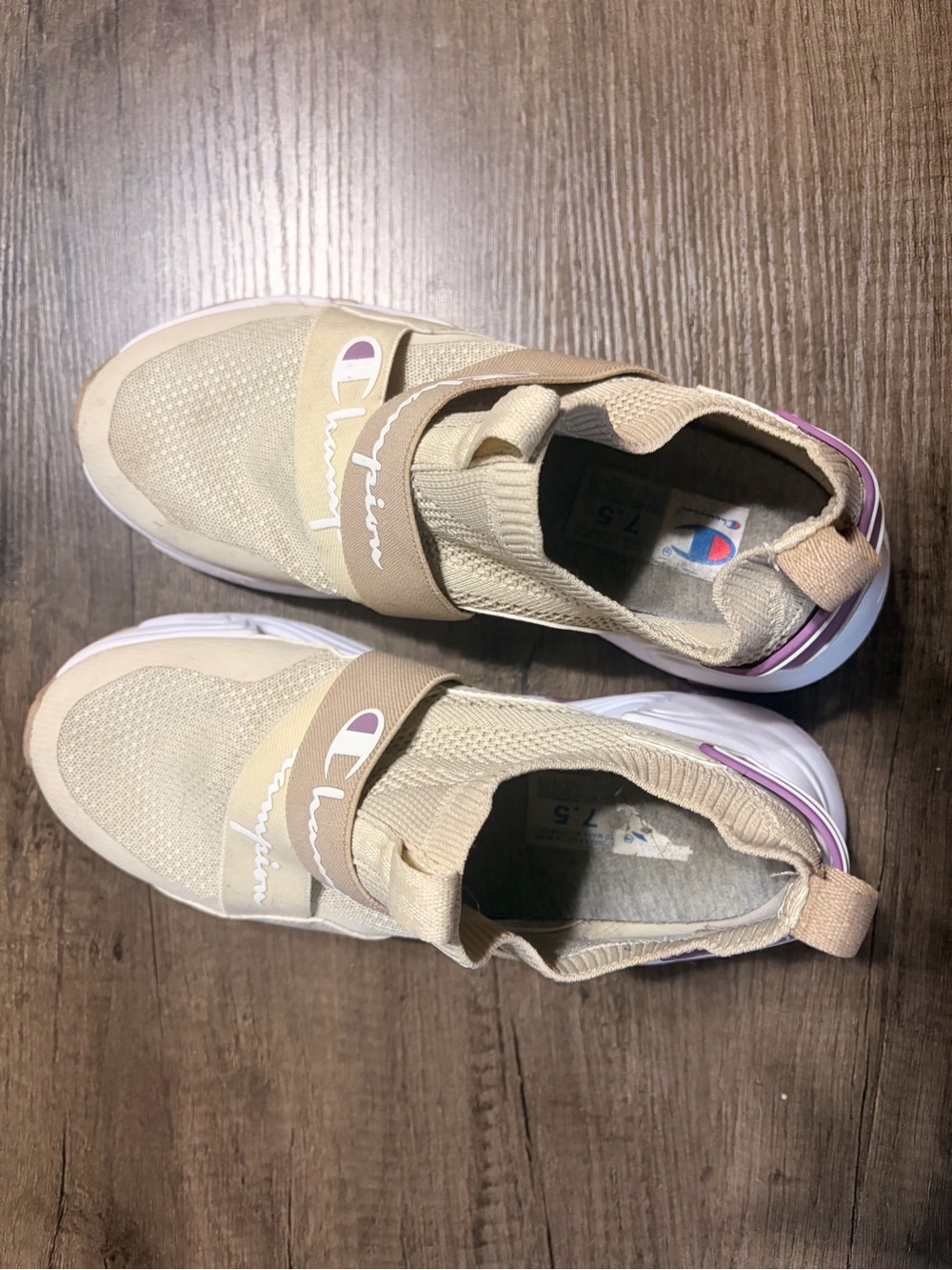 Champion Beige Slip-On Athletic Sneakers with Purple Heel Trim